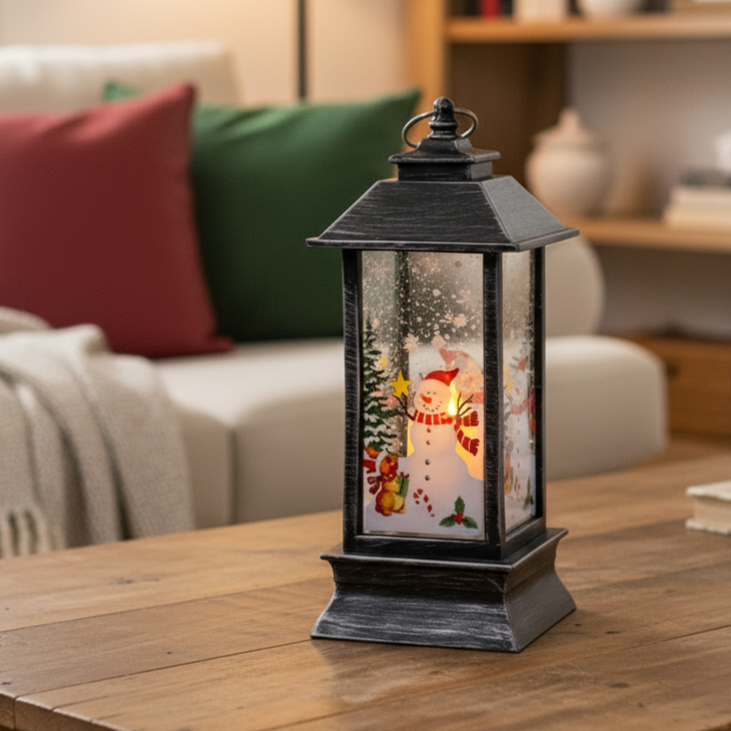 Felinar deorativ de Craciun, Zola, lumina LED calda, Om de zapada, baterie inclusa, 12.5 x 5.3 x 5.3 cm, negru argintiu Felinar deorativ de Craciun, Zola, lumina LED calda, Om de zapada, baterie inclusa, 12.5 x 5.3 x 5.3 cm, negru argintiu